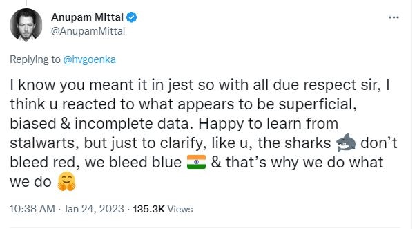 Anupam Mittal reacted to Harsh Goenka's tweet.