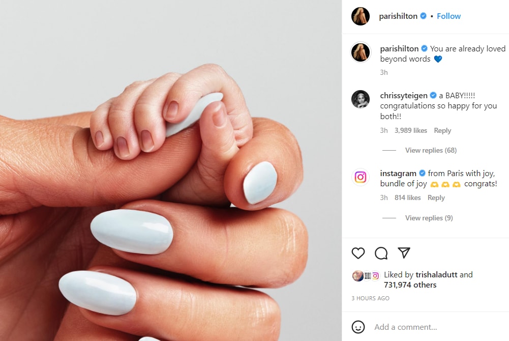 Paris Hilton shared her baby news on Instagram.