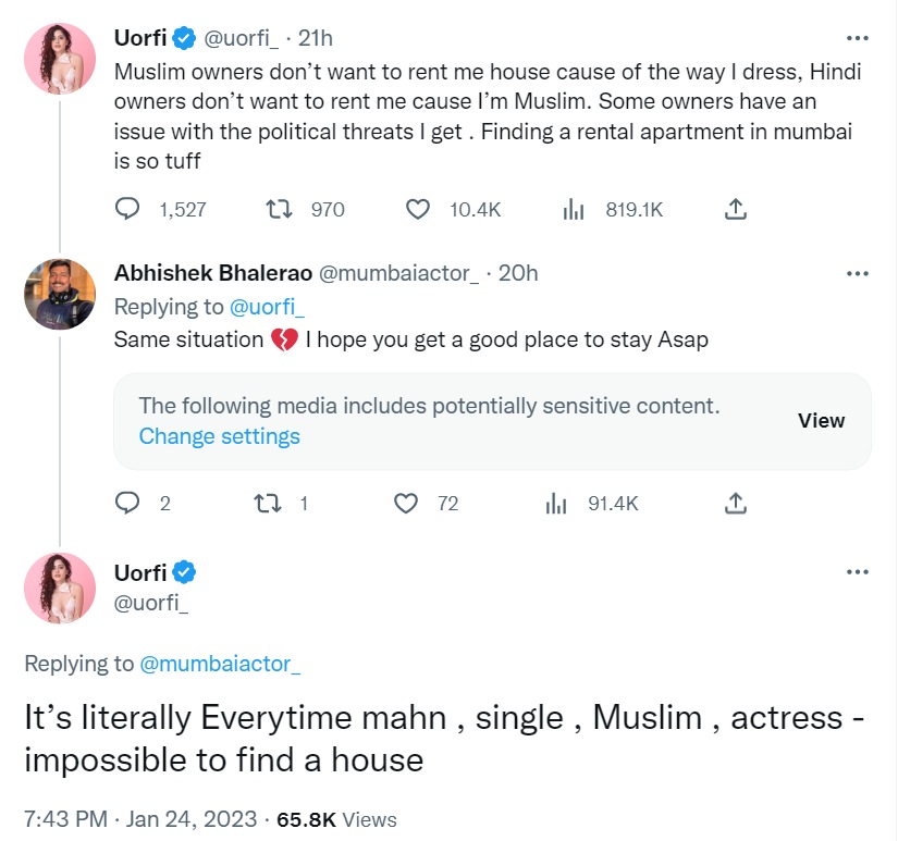 Uorfi Javed tweeted about struggling to rent a home in Mumbai.