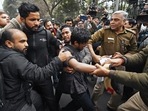 New Delhi, Jan 25 (ANI): Students being detained for sloganeering outside Jamia Millia University over the campus authorities not allowing the screening of a BBC documentary on PM Narendra Modi, in New Delhi on Wednesday. (ANI Photo)(ANI) New Delhi, Jan 25 (ANI): Students being detained for sloganeering outside Jamia Millia University over the campus authorities not allowing the screening of a BBC documentary on PM Narendra Modi, in New Delhi on Wednesday. (ANI Photo)(ANI)
