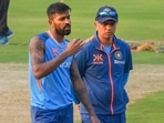 Indian captain Hardik Pandya with coach Rahul Dravid during a training session ahead of the first T20 cricket match between India and New Zealand, at JSCA International Stadium in Ranchi, Thursday, Jan. 26, 2023. Indian captain Hardik Pandya with coach Rahul Dravid during a training session ahead of the first T20 cricket match between India and New Zealand, at JSCA International Stadium in Ranchi, Thursday, Jan. 26, 2023.