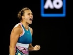 Belarus’ Aryna Sabalenka reacts during her semi final match against Poland’s Magda Linette 