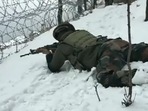 An Indian Army jawan patrols at the last post at an altitude of 7,200 feet amid heavy snowfall.(ANI) An Indian Army jawan patrols at the last post at an altitude of 7,200 feet amid heavy snowfall.(ANI)