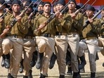 Security personnel march during a rehearsal of the Republic Day 2023 celebrations in Tezpur, (PTI) Security personnel march during a rehearsal of the Republic Day 2023 celebrations in Tezpur, (PTI)