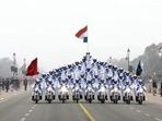 The famous Corps of Signals Motor Cycle Rider Display Team, or 'DARE DEVILS' - took centre-stage with a series of stunning acrobatic displays. The highlight was a 'human pyramid' that featured 33 people on nine bikes. (ANI)