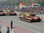 Indian Army fighter tank Arjun Mark-I passes through the Kartavya Path during the parade. (ANI) Indian Army fighter tank Arjun Mark-I passes through the Kartavya Path during the parade. (ANI)