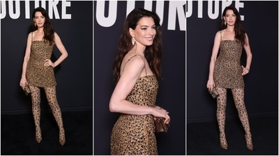 Anne Hathaway makes fierce leopard statement at Valentino haute couture show. (Twitter) Anne Hathaway makes fierce leopard statement at Valentino haute couture show. (Twitter)