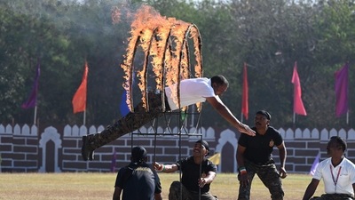 Railway Protection Force (RPF) personnel perform stunts during Republic Day celebrations at the railway sports complex ground in Secunderabad, the twin city of Hyderabad. (AFP) Railway Protection Force (RPF) personnel perform stunts during Republic Day celebrations at the railway sports complex ground in Secunderabad, the twin city of Hyderabad. (AFP)