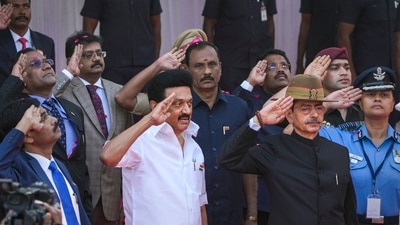 Tamil Nadu Governor R.N. Ravi with Chief Minister MK Stalin salutes after hoisting the national flag during the 74th Republic Day function at Kamarajar Salai in Chennai. (PTI) Tamil Nadu Governor R.N. Ravi with Chief Minister MK Stalin salutes after hoisting the national flag during the 74th Republic Day function at Kamarajar Salai in Chennai. (PTI)