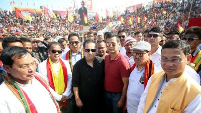 TIPRA chief Pradyot Deb Barma (centre) during a rally. (ANI) TIPRA chief Pradyot Deb Barma (centre) during a rally. (ANI)