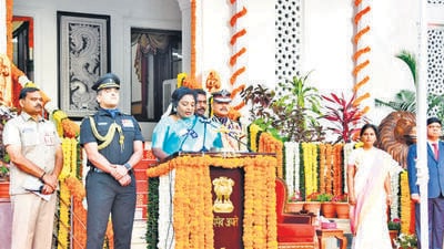Telangana governor Tamilsai Soundarajan, in her address at the Republic Day event, said that development was not restricted to creating new structures but building a new nation. (HT Photo) Telangana governor Tamilsai Soundarajan, in her address at the Republic Day event, said that development was not restricted to creating new structures but building a new nation. (HT Photo)