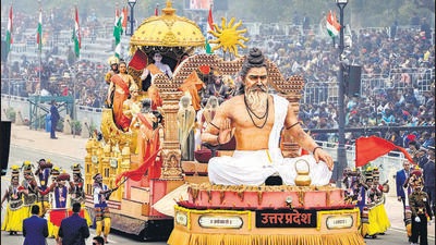Uttar Pradesh tableau on display during the 74th Republic Day Parade at the Kartavya Path, in New Delhi on Thursday. (PTI) Uttar Pradesh tableau on display during the 74th Republic Day Parade at the Kartavya Path, in New Delhi on Thursday. (PTI)
