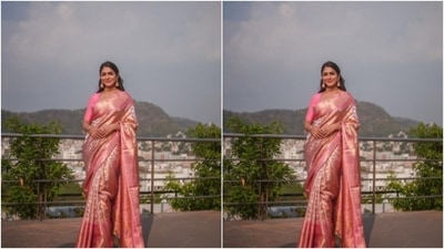 Mrunal further accessorised her look for the day in a golden neck choker, golden jhumkas, a golden bracelet and a statement golden ring from the house of Paksha. (Instagram/@mrunalthakur) Mrunal further accessorised her look for the day in a golden neck choker, golden jhumkas, a golden bracelet and a statement golden ring from the house of Paksha. (Instagram/@mrunalthakur)