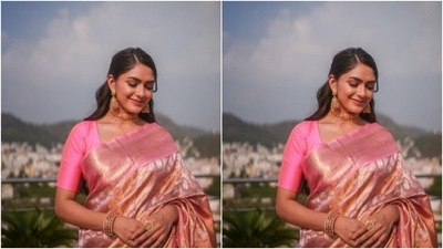 Mrunal looked every bit gorgeous in the pink traditional silk featuring embroidery work in silver resham threads. She teamed it with a matching pink blouse with long sleeves. (Instagram/@mrunalthakur) Mrunal looked every bit gorgeous in the pink traditional silk featuring embroidery work in silver resham threads. She teamed it with a matching pink blouse with long sleeves. (Instagram/@mrunalthakur)