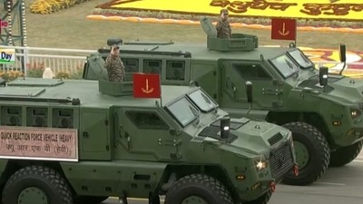 The detachment of Quick Reaction Fighting Vehicle, led by Captain Naveen Dhatterwal of 3 Ladakh Scouts Regiment, marches down the Kartavya Path. The vehicle is ideally designed for troops operating in Ladakh, Sikkim and Arunachal Pradesh. (ANI) 