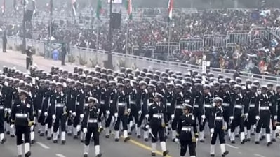 The naval contingent of 144 sailors led by Lt Cdr Disha Amrith as Contingent Commander marches down Kartavya Path. The marching contingent consisted of 3 women and 6 agniveers for the first time. (ANI) 