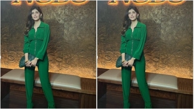 In matching green stilettos and green ear studs from the house of Isharya, Sanjana further accessorised her look for the day. (Instagram/@sanjanasanghi96) In matching green stilettos and green ear studs from the house of Isharya, Sanjana further accessorised her look for the day. (Instagram/@sanjanasanghi96)