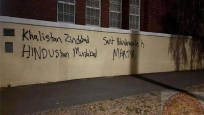 Graffiti sprayed on Iskon's Albert Park temple. (Source:  Twitter/@austhindu)