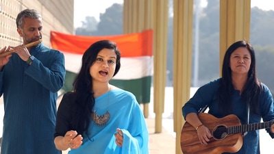 US Officers Raghavan (flute) and Stephanie (guitar) team up with Pavithra Chari. (Twitter / @USAndIndia)