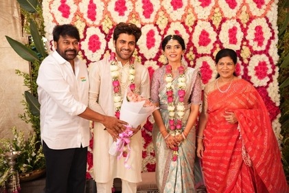 Chiranjeevi and his wife at the engagement ceremony.