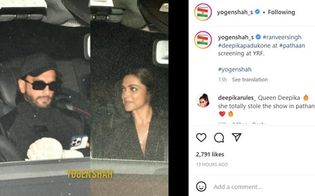 Ranveer Singh arriving with Deepika Padukone for Pathaan screening in Mumbai on Wednesday. Ranveer Singh arriving with Deepika Padukone for Pathaan screening in Mumbai on Wednesday.