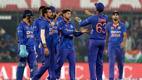 India's Kuldeep Yadav celebrates a wicket with teammates during the 3rd ODI match against New Zealand(ANI)