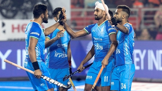Indian players celebrate a goal against Japan during the FIH Hockey Men’s World Cup 2023(Hockey India Twitter)