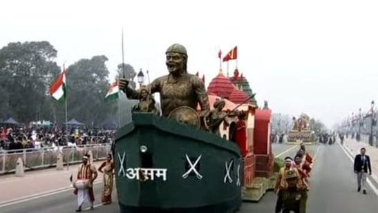 Legendary Ahom General Lachit Borphukan and the revered Kamakhya Temple and other cultural heritage of Assam were depicted on the state's tableau as it rolled down the Kartvaya Path during the 74th Republic Day celebrations.(ANI)