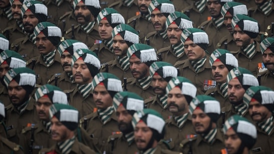 Indian soldiers march during the Republic Day parade in New Delhi.(REUTERS)