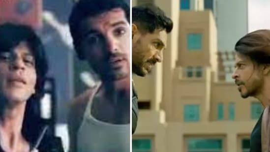 Shah Rukh Khan and John Abraham in the old Pepsi (left) and in Pathaan (right).