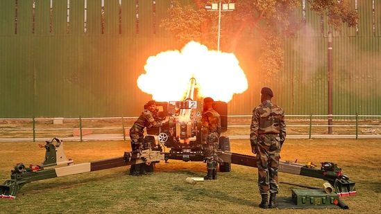 Gunners of 8711 Field Battery (Ceremonial) present the traditional 21 Gun Salute by the indigenously made 105 mm Indian Field Guns on the occasion of the Republic Day in New Delhi. (PTI)