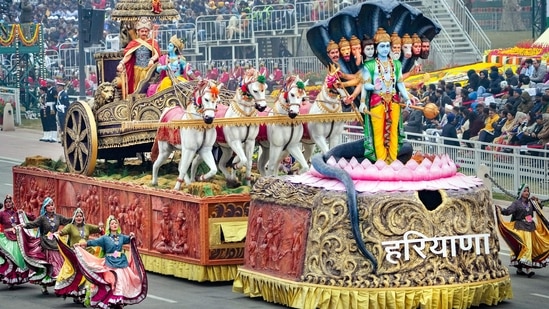 Haryana tableau on display during the 74th Republic Day Parade at the Kartavya Path in New Delhi.(PTI)