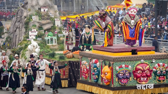 Pristine landscape and vibrant cultural heritage of Ladakh, including rock-cut statues in Kargil, have been showcased in the Union territory's Republic Day tableau on Thursday.(PTI)