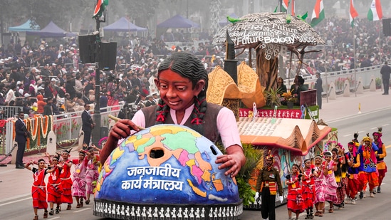 Ministry of Tribal Affairs tableau on display during the 74th Republic Day parade at the Kartavya Path in New Delhi.(PTI)