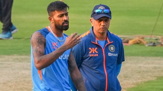 Indian captain Hardik Pandya with coach Rahul Dravid during a training session ahead of the first T20 cricket match between India and New Zealand, at JSCA International Stadium in Ranchi, Thursday, Jan. 26, 2023. Indian captain Hardik Pandya with coach Rahul Dravid during a training session ahead of the first T20 cricket match between India and New Zealand, at JSCA International Stadium in Ranchi, Thursday, Jan. 26, 2023.