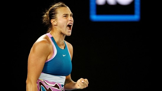 Belarus’ Aryna Sabalenka reacts during her semi final match against Poland’s Magda Linette (REUTERS)