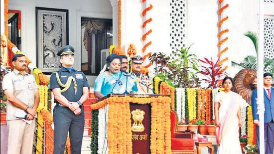 Telangana governor Tamilsai Soundarajan, in her address at the Republic Day event, said that development was not restricted to creating new structures but building a new nation. (HT Photo) Telangana governor Tamilsai Soundarajan, in her address at the Republic Day event, said that development was not restricted to creating new structures but building a new nation. (HT Photo)