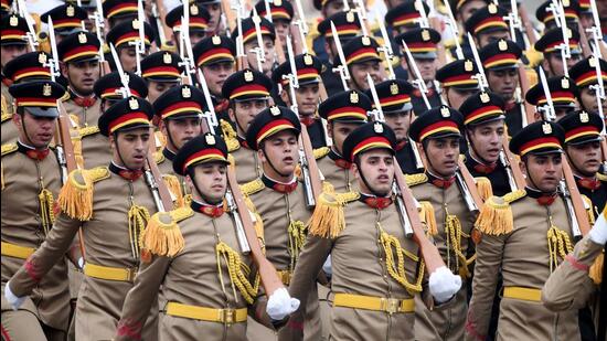 The Egyptian military contingent consisting of 144 soldiers and representing the main branches of the Egyptian armed forces, marched along with Indian contingents on the Kartavya Path in New Delhi on Thursday. (ANI Photo)