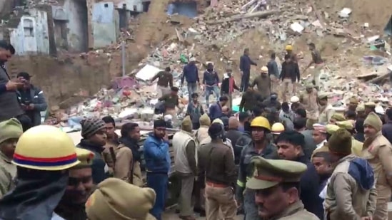 Six residential buildings collapsed during basement excavation work in Agra's Dhuliya Ganj.(ANI)