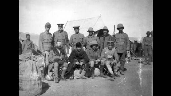 The British expedition to Tibet, also known as the Younghusband expedition, which began in December 1903 and lasted until September 1904. The original caption reads: “Ray, O’Connor, Dunlop, Igybilden, Col Hogge, Waddell, Walsh, Younghusband, GOC, Brotherton, the staff and others at Phari Jong in January 1904.” (Wikimedia Commons)