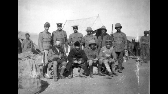 The British expedition to Tibet, also known as the Younghusband expedition, which began in December 1903 and lasted until September 1904. The original caption reads: “Ray, O’Connor, Dunlop, Igybilden, Col Hogge, Waddell, Walsh, Younghusband, GOC, Brotherton, the staff and others at Phari Jong in January 1904.” (Wikimedia Commons)