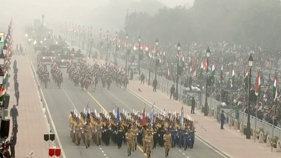Led by Colonel Mahmoud Mohamed Abdel Fattah El Kharasawy, the combined band and marching contingent of the Egyptian armed forces takes part in the parade at Kartavya Path for the first time. (ANI)