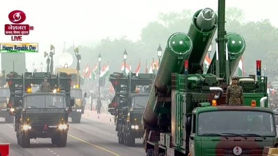 The detachment of Brahmos of the 861 missile regiment, led by Lieutenant Prajjwal Kala, participates in the parade at Kartavya Path. (ANI)