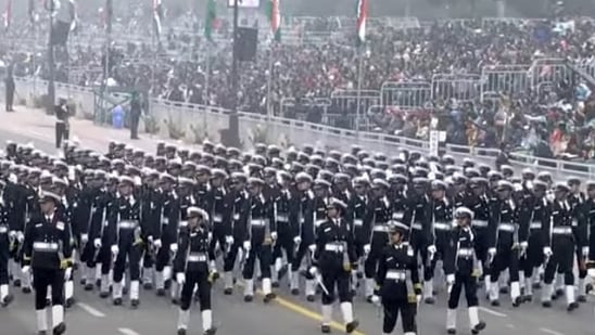 The naval contingent of 144 sailors led by Lt Cdr Disha Amrith as Contingent Commander marches down Kartavya Path. The marching contingent consisted of 3 women and 6 agniveers for the first time. (ANI)