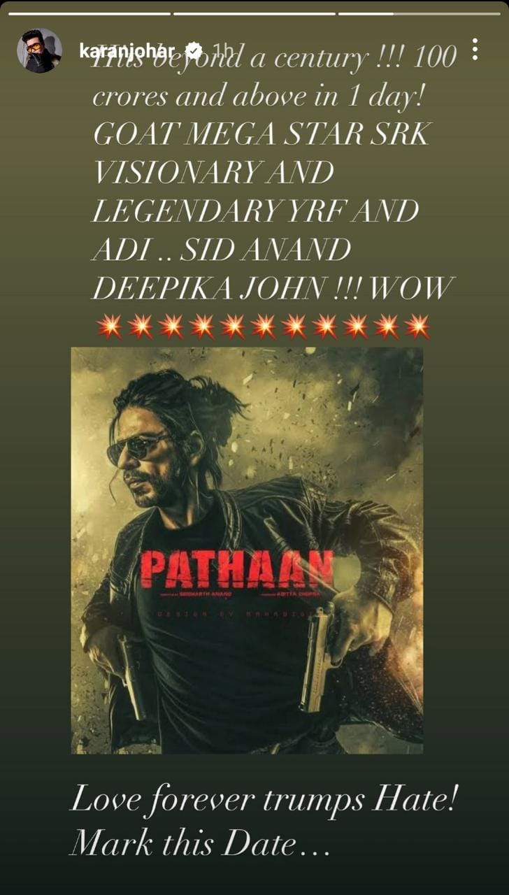 Karan Johar praised Siddharth Anand and Aditya Chopra as well as the cast of Pathaan.