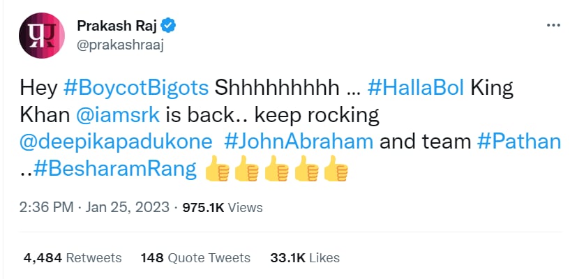 Prakash Raj critica a los 'fanáticos del boicot', dice que Shah Rukh Khan está de regreso mientras saluda al equipo de Deepika, John y Pathaan