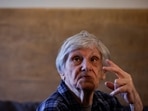 92-year-old Holocaust survivor and Ukrainian refugee from Kyiv, Iya Rudzitskaya, gestures during an interview in Krakow, Poland.