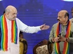 Union home minister Amit Shah with Karnataka chief minister Basavaraj Bommai. (PTI) Union home minister Amit Shah with Karnataka chief minister Basavaraj Bommai. (PTI)