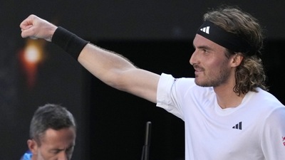 Stefanos Tsitsipas of Greece celebrates after defeating Karen Khachanov of Russia in their semifinal at the Australian Open tennis championship in Melbourne, Australia, Friday, Jan. 27, 2023. (AP Photo/Dita Alangkara) (AP) Stefanos Tsitsipas of Greece celebrates after defeating Karen Khachanov of Russia in their semifinal at the Australian Open tennis championship in Melbourne, Australia, Friday, Jan. 27, 2023. (AP Photo/Dita Alangkara) (AP)