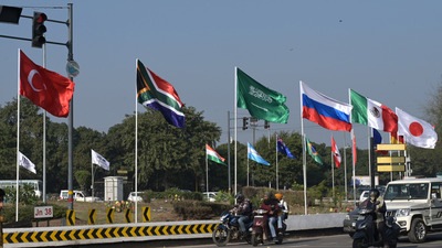 Flags of G2O nations installed at the Tribune roundabout ahead of the G20 Summit meeting scheduled in Chandigarh on January 30 and 31. (Ravi Kumar/HT) Flags of G2O nations installed at the Tribune roundabout ahead of the G20 Summit meeting scheduled in Chandigarh on January 30 and 31. (Ravi Kumar/HT)